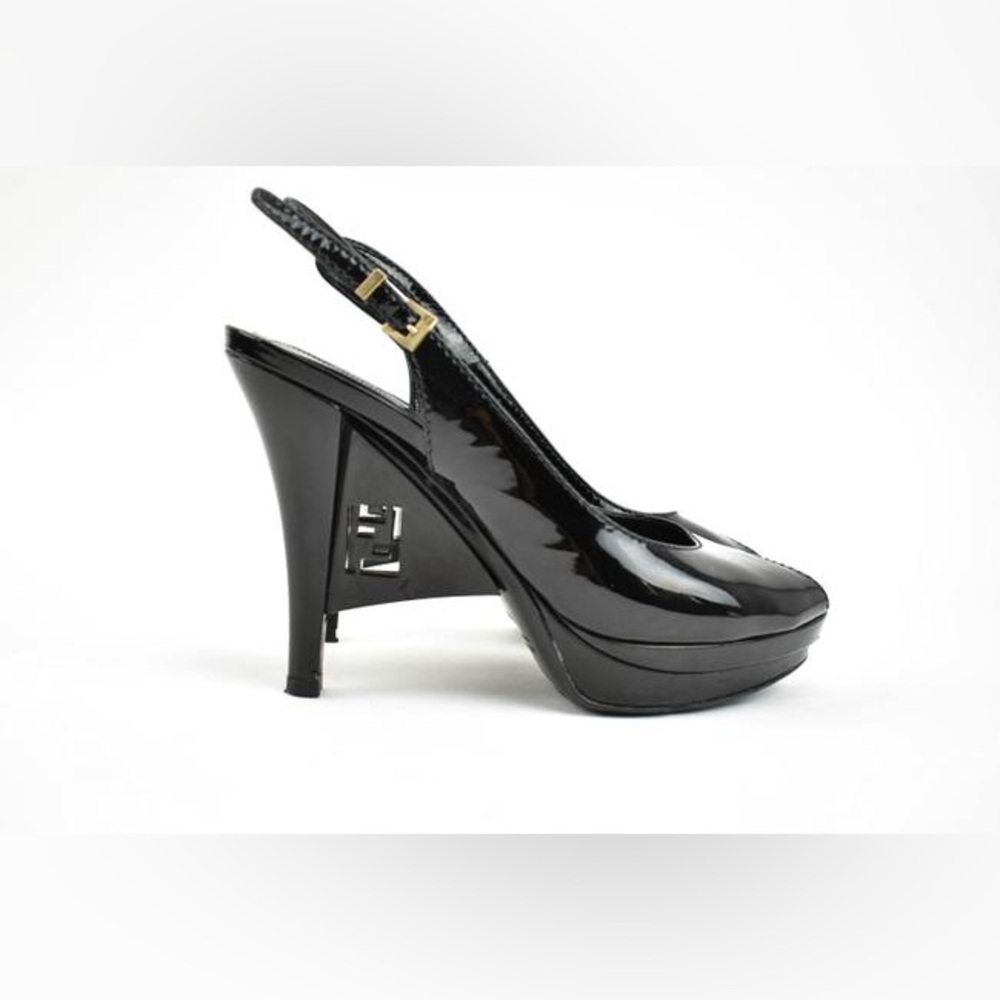 FENDI Black Patent Leather Slingback Logo Heel Peeptoe Sandals 36